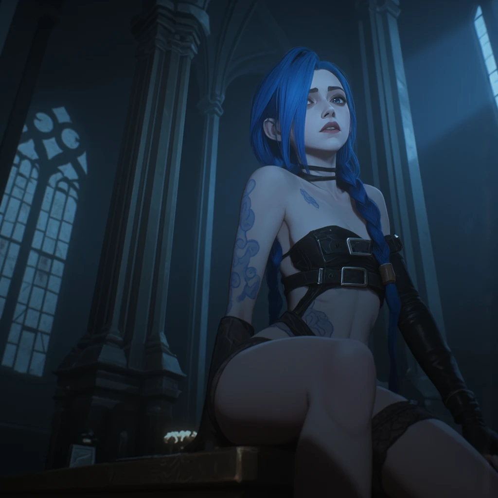 ARCJINXANE_V3,(BLUE EYES, BLUE HAIR, PALE SKIN, LONG TWIN BRAIDS,SIDE BANG, SKINNY, MUSCULAR, BLUE CLOUD TATTOO:1.4),(solo:1.4), (matte skin, skin pores), 21 years old, (realistic:1.3), finely detailed, quality, (masterpiece:1.2), (photorealistic:1.2), (best quality), (detailed skin:1.3), (intricate details), dramatic, ray tracing, photograph, Bathed in shadows, Visual novel, Hopeful, Moonlight, film grain, Kodak gold 200, Depth of field 100mm, Flickr, (spotlight, dim lighting, (fog)), digital painting of blue very super long straight and wavy hair jinx, young woman, sitting with slim legs in pantyhose, cinematic, looking at viewer, in a chaos lab, Dressed in a black leather corset with belts and buckles, detailed tattoos on her arms and chest add an edgy vibe. She stands in a dramatic Gothic cathedral with towering arches, ethereal light beams filtering through broken windows, and a smoky, moody atmosphere. Ultra-realistic, cinematic lighting, high detail, dynamic composition, (((big breasts, bottom view, sexy, erotic, V-neck dress, revealing lace panties))),(((Completely naked)))、  charming, desire, Obscene,  Mature Woman,  Captivating body lines  , ((     fine facial features     ,    open your mouth, eroticism)),    dramatic lighting   , Realistic, 8k,    Cinematic Composition ,  dark moody vibe   ,    Dramatic Shadows ,   Intricate and elaborate pattern    ,     30 megapixel    ,    chiaroscuro lighting ,     moody color palette    ,    deep contrast   ,   super real 、 topless、Beautiful Nudes, digital painting of blue very super long straight and wavy hair jinx,young woman,sitting with slim legs in pantyhose,cinematic,looking at viewer,in a chaos lab,