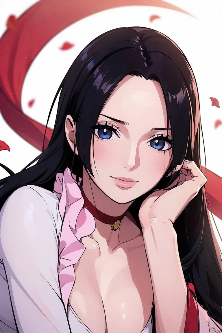 best quality, masterpiece, highly detailed,1girl, ((rose)), (vine), cage, bandage, red rope, (detail light), falling rose petals, Boa Hancock, , (masterpiece:1.5), Detailed Photo, Smiling, Sexy, (8K, Best Quality: 1.4), (1girl), Beautiful Face, (anime realistic Face), (Black Hair, long Hair: 1.3), Beautiful Hairstyle, Realistic eyes, beautiful detail eyes, (white skin), beautiful skin, absurd, attractive, ultra high resolution, ultra realistic, high definition, golden ratio, (sexually aroused:1.5), Pinkish white skin, cool white light, sexy pose, Beautiful , white background, pink soft white light, Wear a white dress