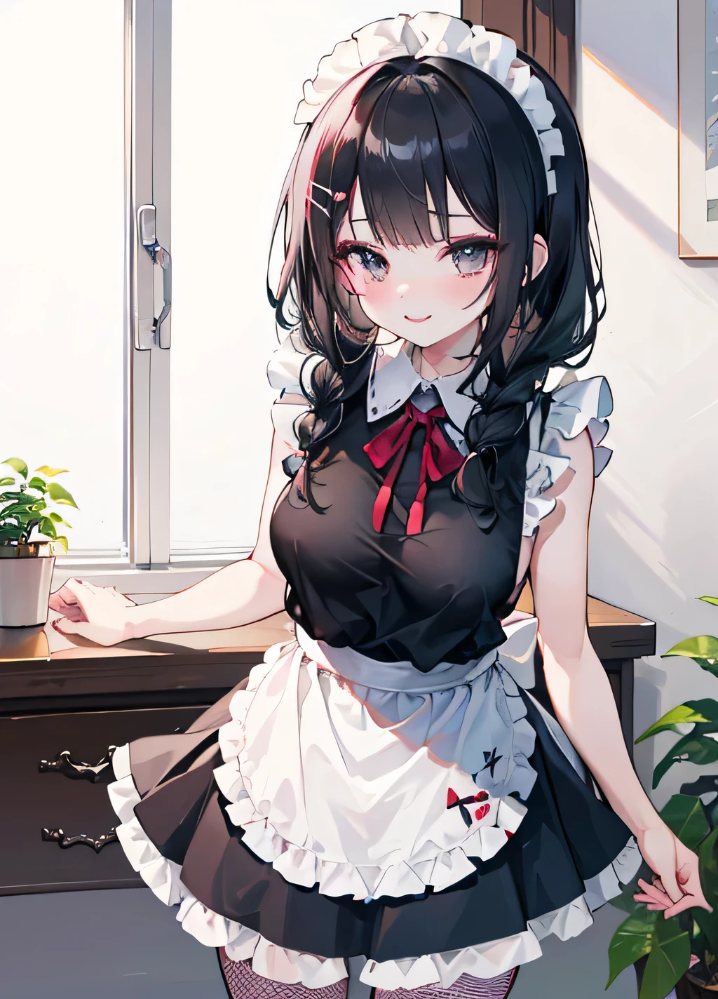 (masterpiece、Highest quality、Very detailed))、One girl、Black Hair、Long Hair、straight、Grey Eyes、evil smile、Cat ear、((lots of piercings))、Collar with bells、((Small breasts))、cleavage、White brim、((Maid))、((Miniskirt:1.3))、garter straps、Cowboy Shot、((Shoot from below))、Bedroom Background
