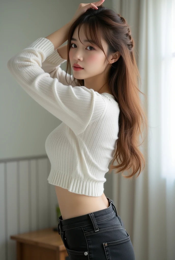 ((Highest quality, 8k, masterpiece :1.3)), One girl, Beautiful woman with slim abdominal muscles :1.3, (Random Hairstyles, Huge breasts :1.2), Casual clothing :1.2, indoor, Highly detailed face, Fine grain, double eyelid、Japanese women