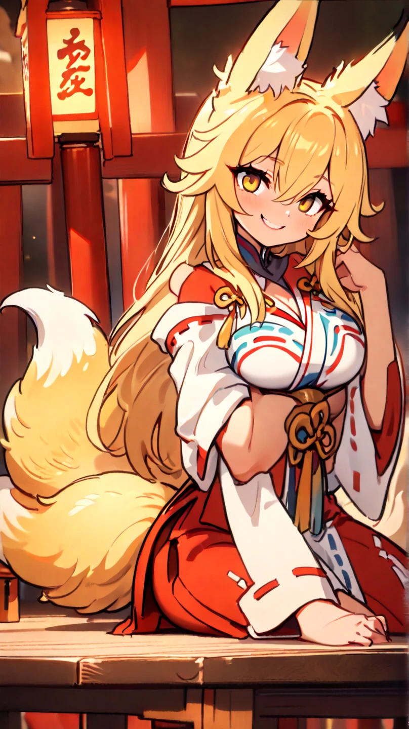 <lora:tamamo-mgq-VX:1>, 1girl, tamamomgq, looking at viewer, sitting, crossed legs, blonde, multiple tails, animal ears
