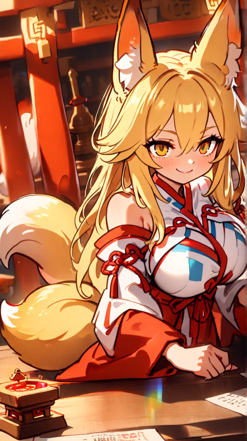 ((best quality)), ((masterpiece)), (detailed), 1 Girl, Off-shoulder ,Smile,Long hair,gentle,Anime style,big eyes,K cup,Revealing clothes,clear nipples,Chinese,Low collar,Fox ears,Mature,Sexy,blush,Nine fox tails behind,Showing breasts