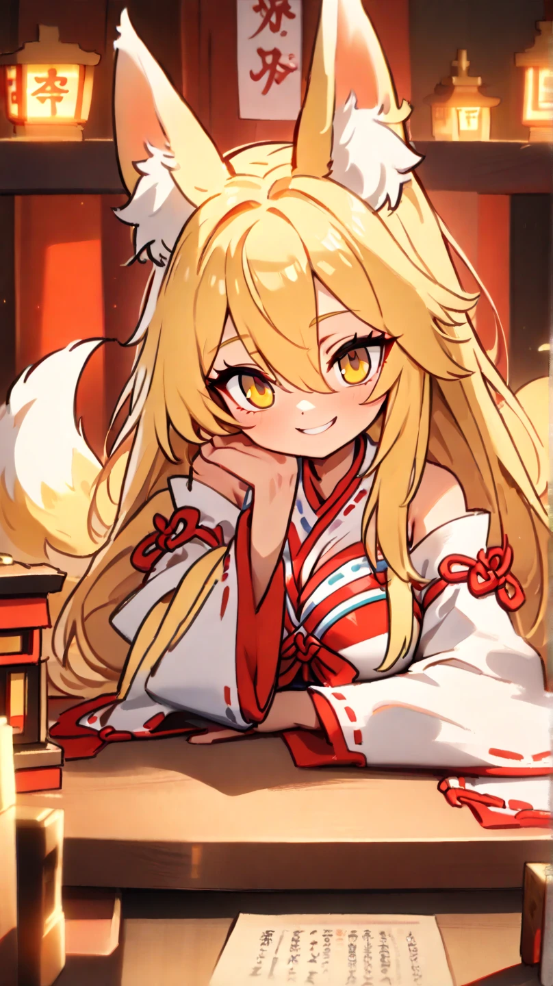 (  Masterpiece ,   top quality:1.2), ((( 1 anime girl))) , (((Alone))),   expressive eyes , Fox&#39;s Tail, ((( blonde long hair ))). ((( straight hair))), milf, mature woman, (smile), ((( golden eyes))), (((Standard shrine maiden costume))), ((( fox ears))), Big Breasts, 嬉しそうなsmile, face shot, (手を振ってsmileで話す),  looking at camera, goofy look, (((Torii of the small shrine ))),  Volume Light ,  subsurface scattering,  Cinematic Light ,  chiaroscuro,  jyojifuku, miko,red hakama, A miniature shrine on a desk, Little Goddess