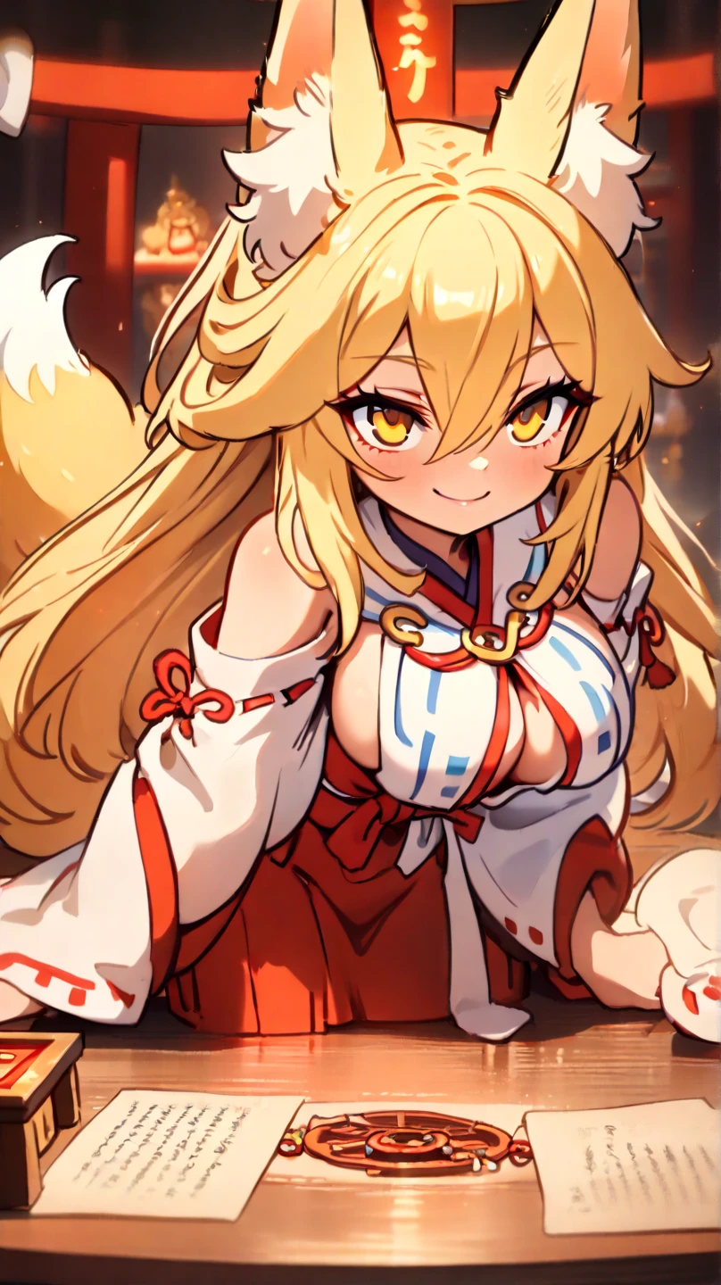 1 girl, long golden hair, fox ears, only fox ears, crimson eyes, detailed deep eyes, very detailed face, blushing, huge breasts, sexy and seductive, wearing red and white erotic kimono, skirt, tall, long nine fox tails, thicc thighs, wide hips, smile, horny, absurdes, high res, ultra sharp, 8k, masterpiece, looking at viewer