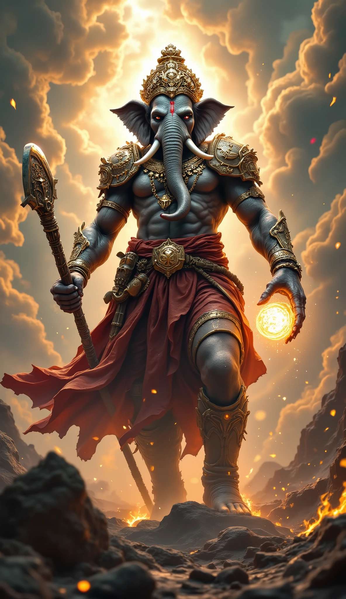 The fierce demonic form of the giant lord Ravana emerges from the chaotic battlefield of the Ramayana, surrounded by an army of sinister demonic warriors. The magical, cosmic scene unfolds in a cinematic photoshoot of unprecedented scale and realism. Shot on the state-of-the-art Canon EOS R5 mirrorless camera, this ultra-high definition 16k image brings to life every intricate detail of Ravana's menacing features and the otherworldly battlefield. The powerful play of light and shadow brings the demonic figures to life, their fierce expressions and sharp features captured in stunning detail. The battlefield sparkles with cosmic energy