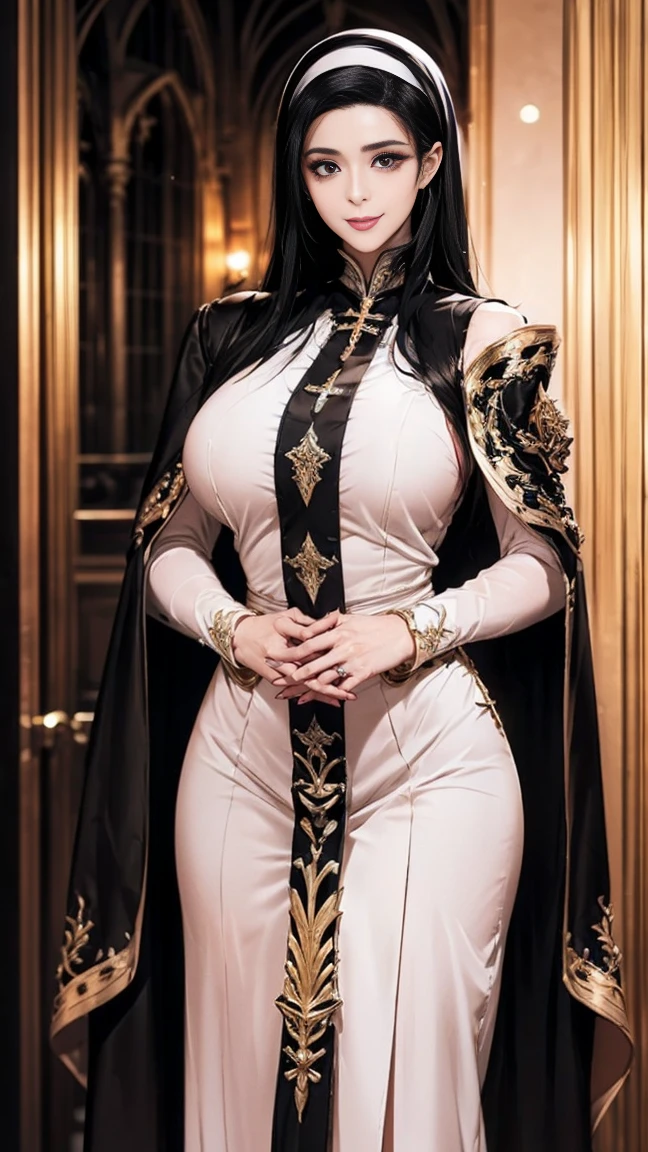 shokokomidef, Ultra realistic, 16k, high quality, incredibly detailed, dream aesthetic, dream atmosphere, nero (Secre swallowtall) from Black Clover, goth makeup, tall, realistic long black silky hair, messy hair, shiny red eyes, long hair fluttering, pale-gray skin, pale-white skin illuminated, realistic perfect shading, absurdres, realistic textures, solo, alone, 1girl, tall, looking at viewer, female muscular body, toned body, defined muscles, large realistic natural breasts, cleavage, pantyhose, royal black outfit with golden details (realistic texture), standing, different positions at different angles, great royal bedroom (background unfocused), masterpiece, best quality, Photorealistic.