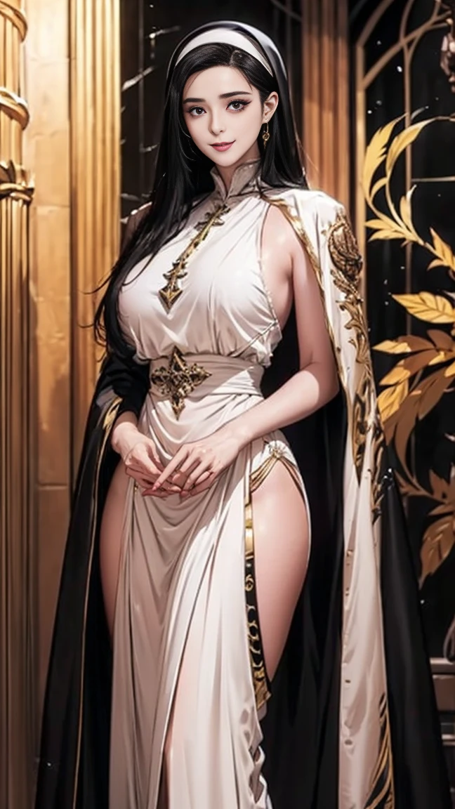 1 woman, beautiful European mature woman, 55 years old, thick black hair with bangs, exotic skin, smaller head, brown eyes, large breasts, white Priestess short robe, masterpiece, ultra HD, realistic masterpiece, blurred background, in a Castle ,sitting in a throne, full lips, wide hips, chubby body, thick legs, perfect hands, perfect eyes, perfect face, perfect details, sharp focus