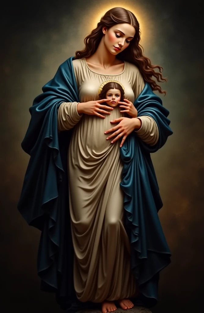 Our Lady Mother of Jesus is pregnant, meets Eve naked in the garden of Eden, Eva is touching our lady's belly and in her other hand she holds the apple. our lady touches eva's forehead blessing her, Our Lady stepping on the serpent's head