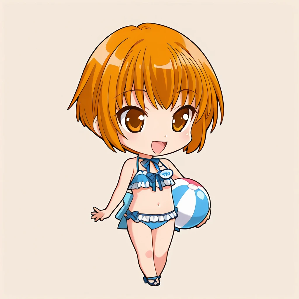 chibi-dol, chibi, full body, 1girl, solo, simple background, {ever17_you, brown eyes, orange hair, short hair, name tag, blue ribbon, blue bow, bikini, frills,}, smile, open mouth, have beach ball,