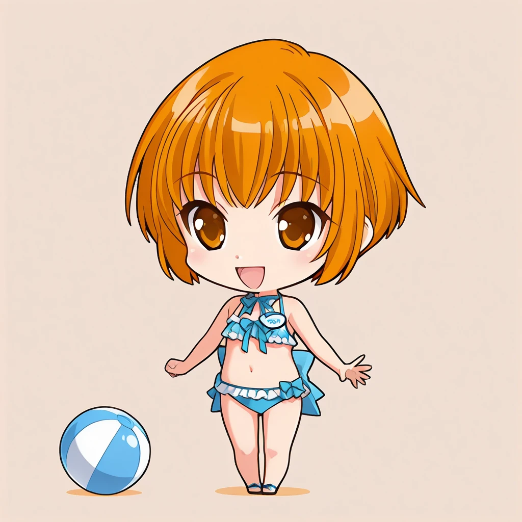 chibi-dol, chibi, full body, 1girl, solo, simple background, {ever17_you, brown eyes, orange hair, short hair, name tag, blue ribbon, blue bow, bikini, frills,}, smile, open mouth, have beach ball,