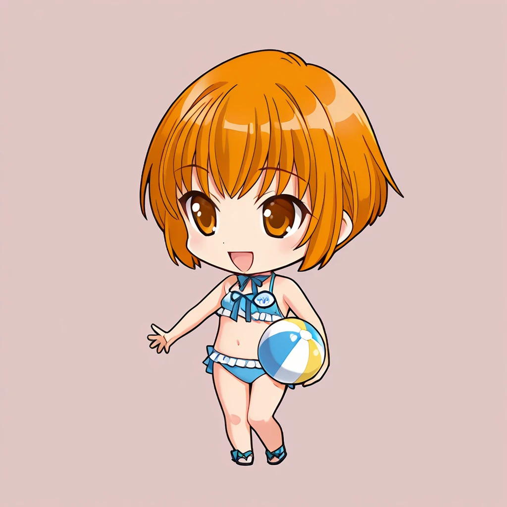 chibi-dol, chibi, full body, 1girl, solo, simple background, {ever17_you, brown eyes, orange hair, short hair, name tag, blue ribbon, blue bow, bikini, frills,}, smile, open mouth, have beach ball,