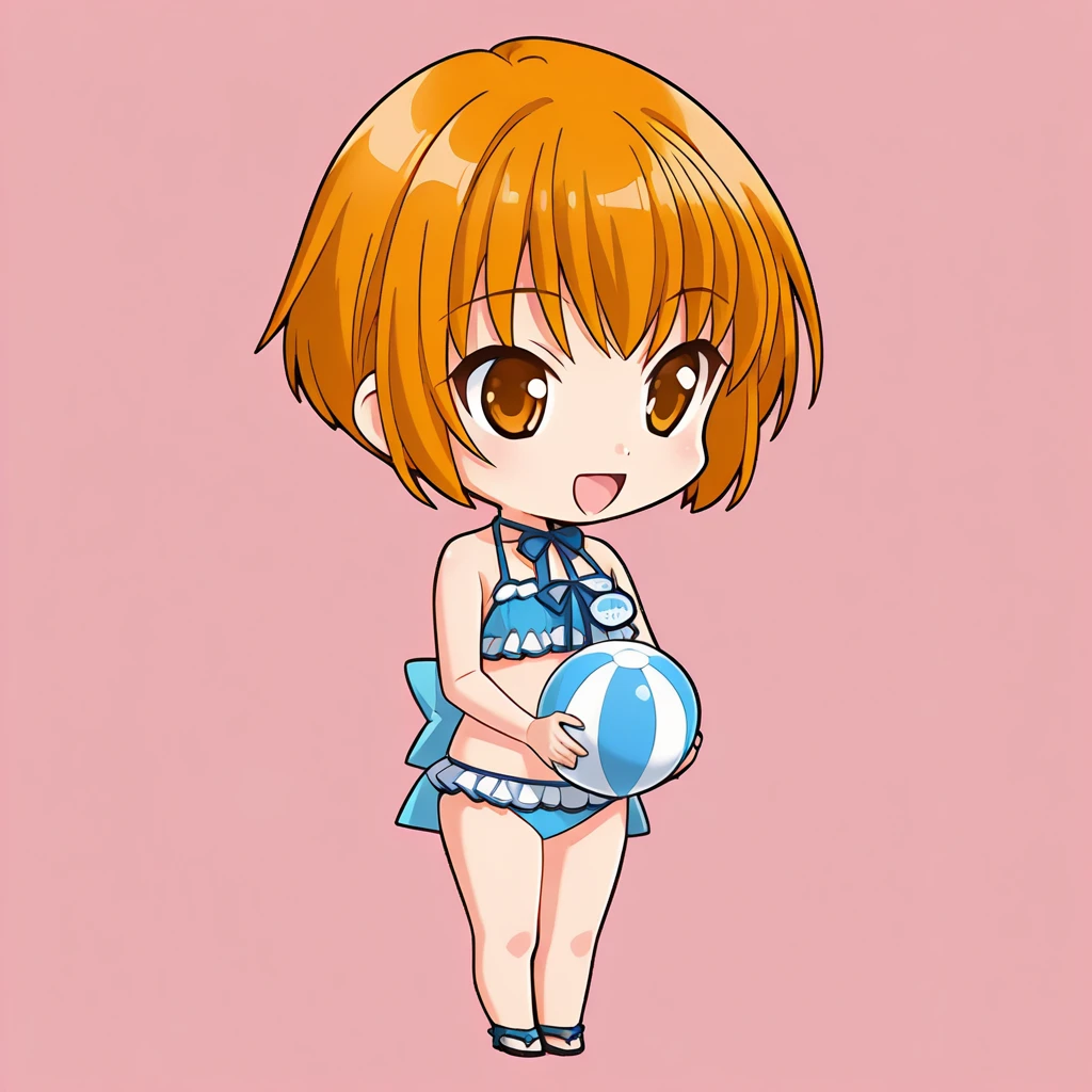 chibi-dol, chibi, full body, 1girl, solo, simple background, {ever17_you, brown eyes, orange hair, short hair, name tag, blue ribbon, blue bow, bikini, frills,}, smile, open mouth, have beach ball,