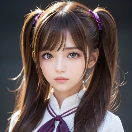 ( One Girl ), Masterpiece,  top quality,  Ultra Precise Illustration , very cute  ,  beautiful face in high definition,  looking ,  One Girl , belt,  close-up,  looking , 4K,  high definition, ribbon, A wild misunderstanding, , throw,  twin tail hair,  white background,  simple background, Thick outline,  purple eyes, (sleep),  brown hair, Chibi, Expressions of love,  (( brown hair)), (Blood),