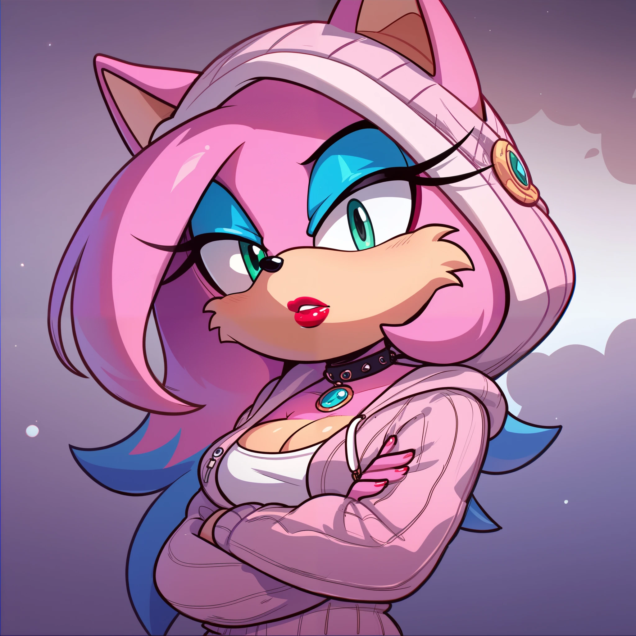 nfsw, Female Sonic character, Sonic OC, Mobian, long hair, Fox, medium sized breasts, dressed in a sweater, hoodie, Sonic the Hedgehog Series Style, Sonic IDW Style,, makeup, lipstick, solo, 1girl, crossed arms, cleavage 
