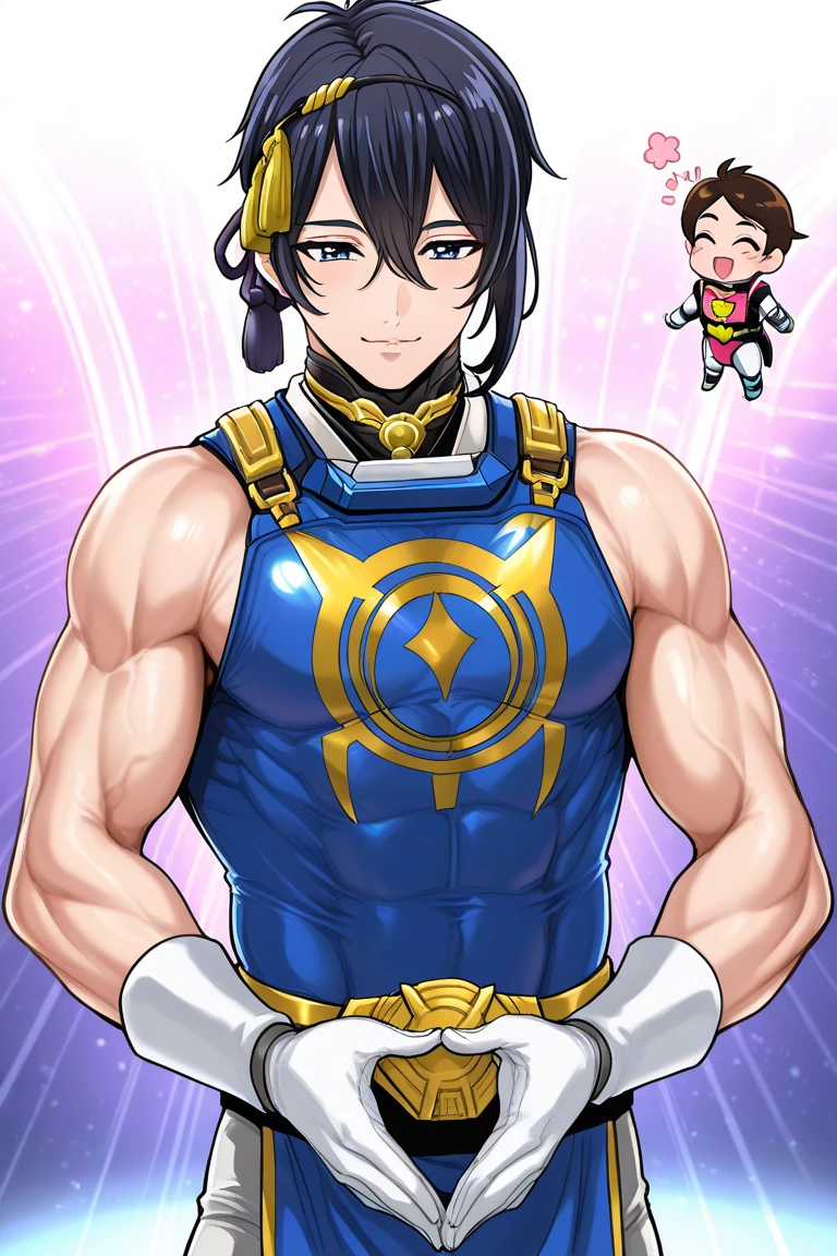    Japanese , beautiful young Mikazuki Munechika with a cool and handsome face ,  Handsome Idol , Sentai Hero, 光沢のあるSentai Heroスーツ,   Toned Muscles,  is tall,   mash hair 、壁際に追い詰められたSentai Hero, Please raise your hands and surrender 