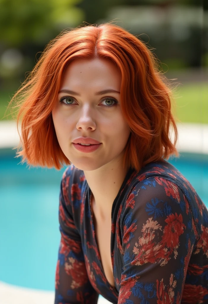 That image is a portrait of a Scarlett woman posing for a photo , she has red hair , with a wavy bob-cut hairstyle , She's wearing a colorful blouse , She's outdoors in the park , upper body photo. She's a viewer crouching in front of a pool . Amateur Photos . she's smiling . Deep Throat