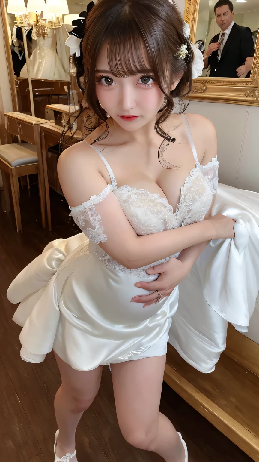 (Realistic、High resolution:1.3),(((最high quality, 8k, masterpiece: 1.3))), Very detailed, Very beautiful woman,Charm, Ultra high quality, Ultra-realistic, high quality, Very detailedな美しい女の子, ((full body shot)), High resolution RAW color photograph,1 lady, alone, ((female sexuality:1.3)) , Very detailedな顔と肌の質感, Gentle expression, Very beautiful eyes,(perfect makeup:1.1), (((glossy hair flowing in the wind))), ((Very beautiful fine hair)),(Short Bob Hair), ash brown hair:1.3, Very thin body,Smart abs,Open chest, Mid-chest, Shiny, White blouse,vneck,race(((Showing cleavage))) (gray long skirt:1.5), GGX Heal 1,pantyhose, Office Room, machine, (Stick your butt out:1.2),