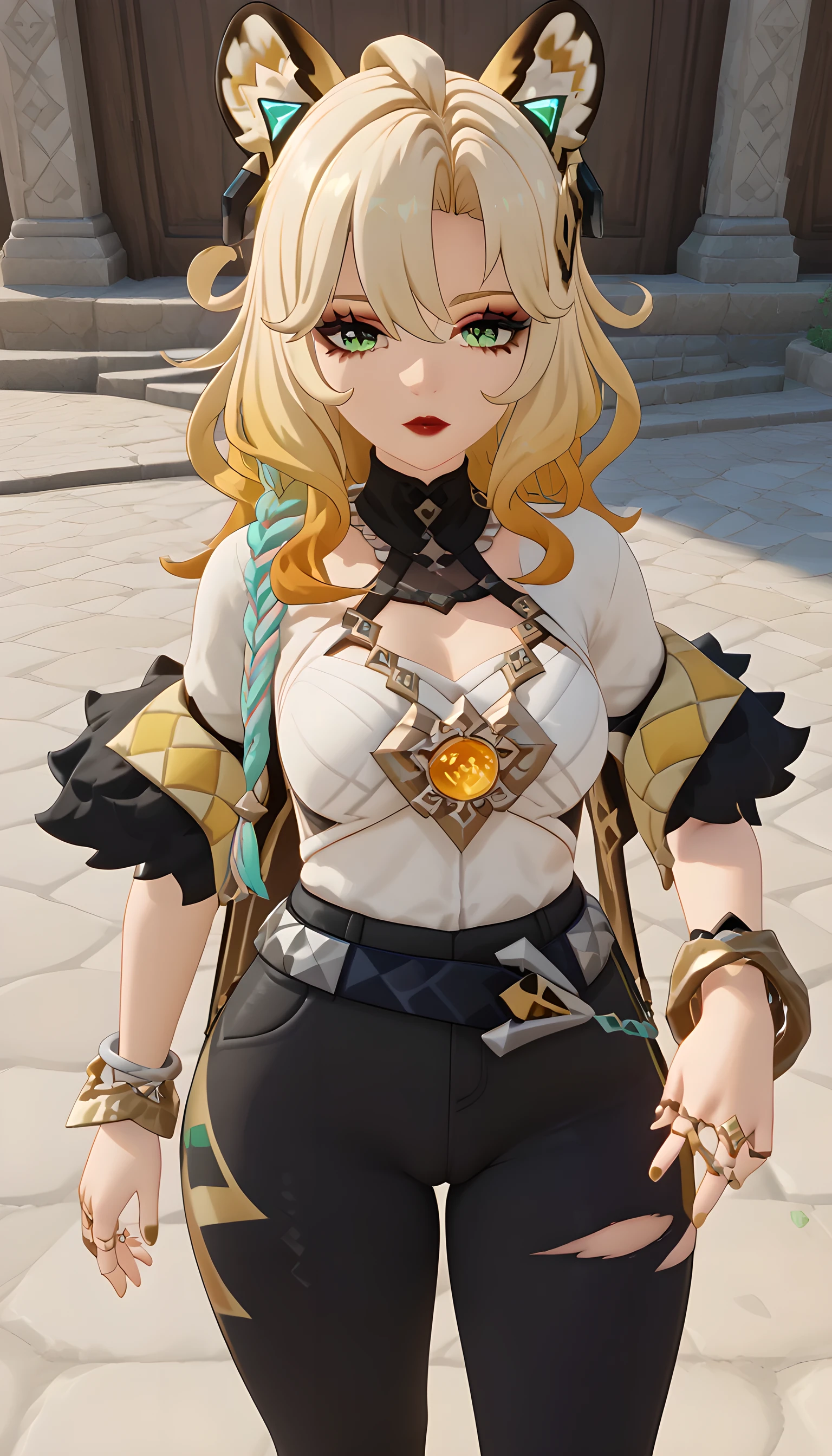 xilonen, multicolored hair, blonde hair, green eyes, braid, animal ears, ring, jewelry, bracelet, ((thick thighs)), red lips, 3d, game, close-up, cameltoe, (pov), from above, standing, thighs together, white shirt, ((black trousers)), (close up)