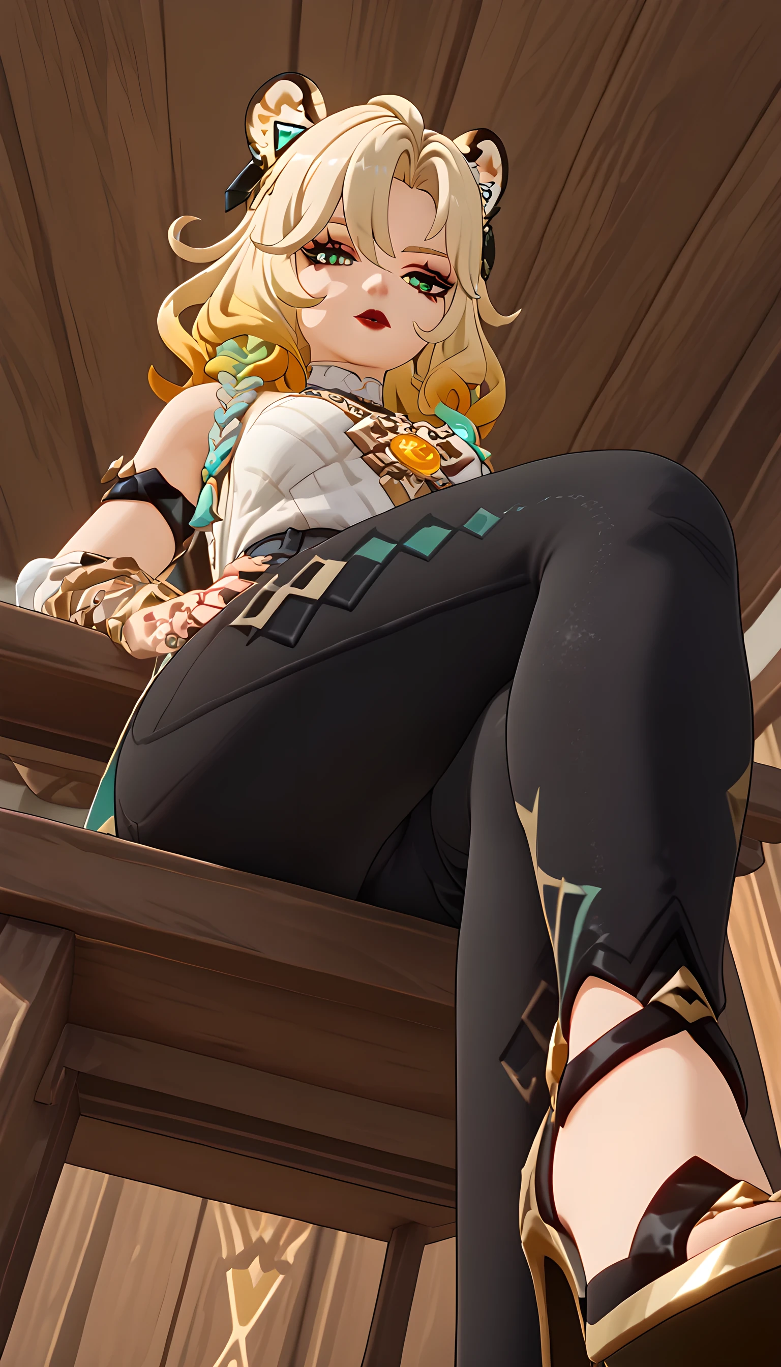 xilonen, multicolored hair, blonde hair, green eyes, braid, animal ears, ring, jewelry, bracelet, thick thighs, red lips, 3d, game, close-up, cameltoe, (pov), from below, sitting, (crossed legs), white shirt, ((black trousers)), close up, heels 