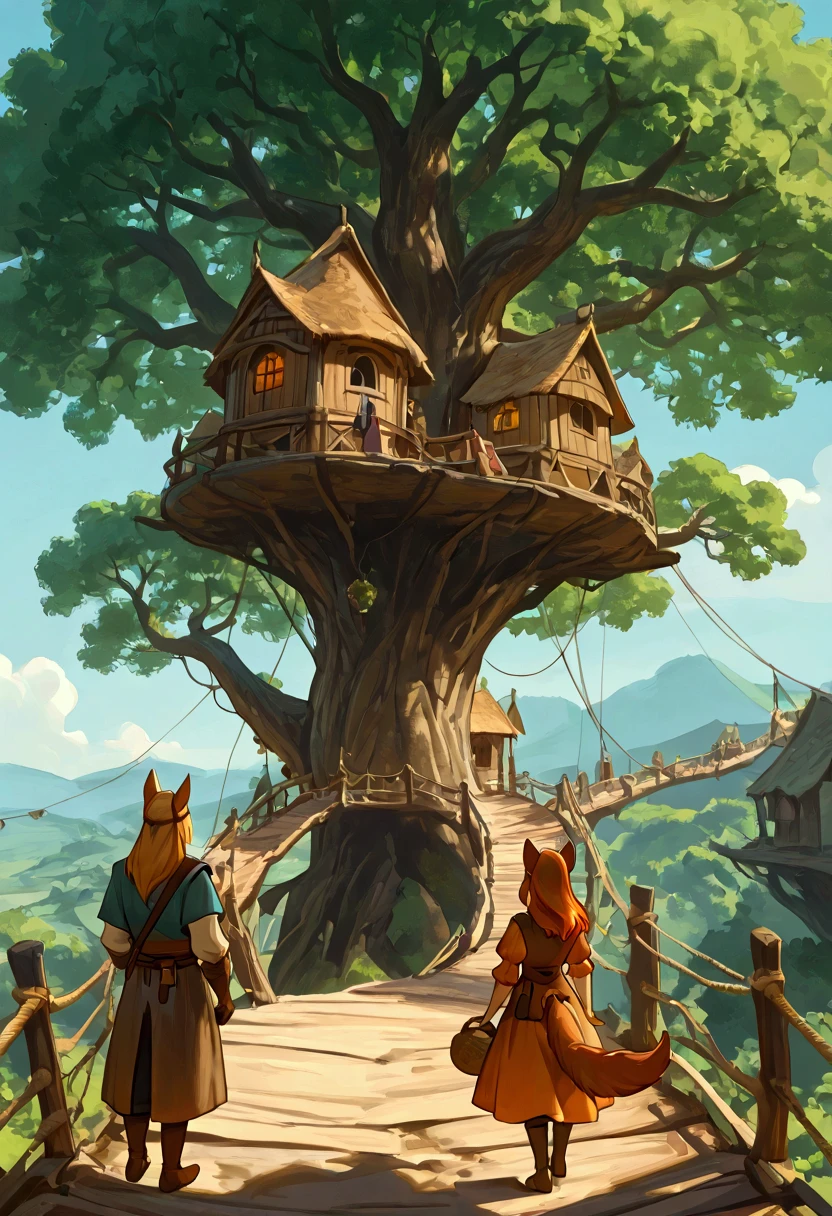 Bustling medieval fantasy tree-village with anthropomorphic animal citizens