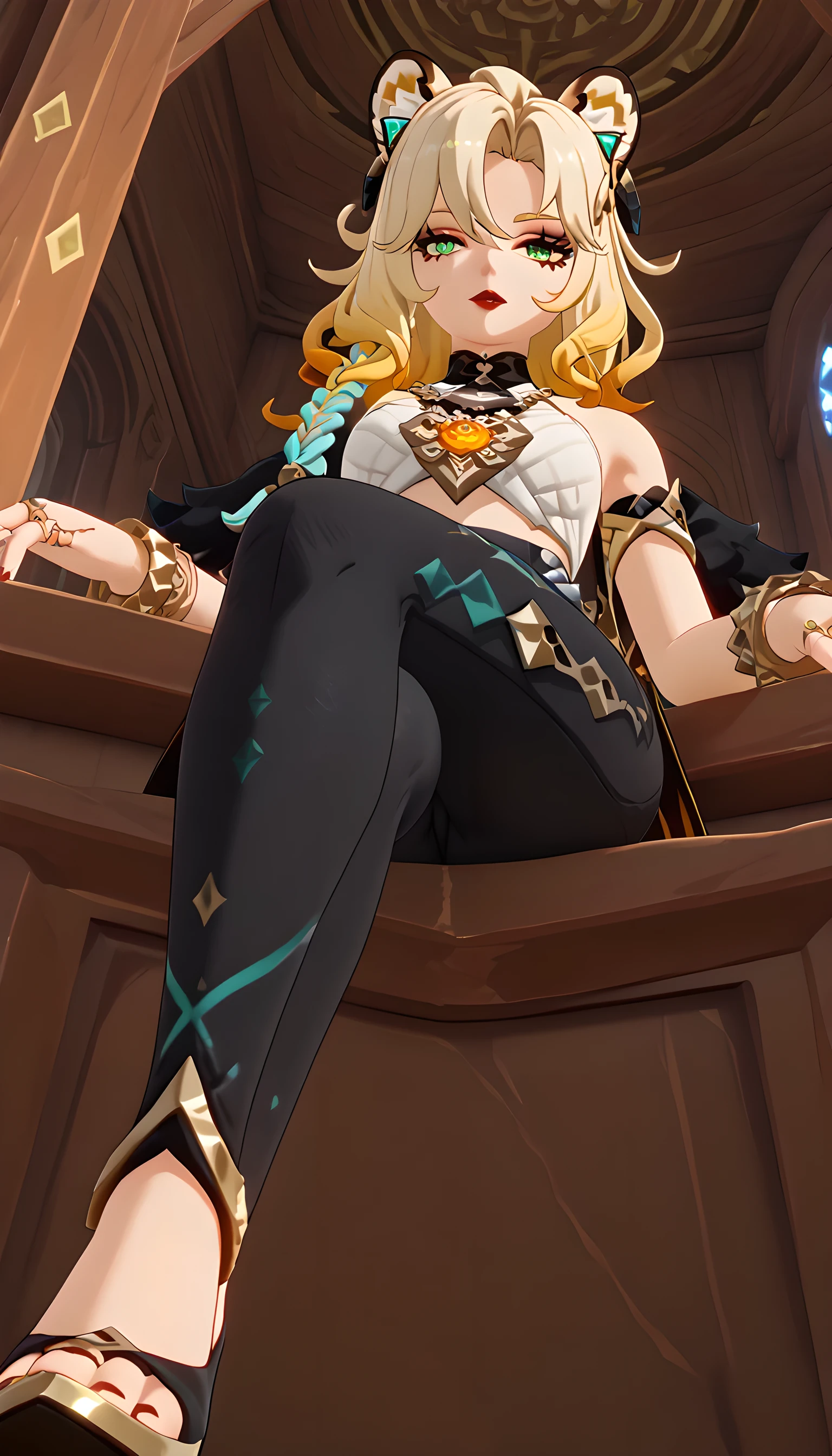 xilonen, multicolored hair, blonde hair, green eyes, braid, animal ears, ring, jewelry, bracelet, thick thighs, red lips, 3d, game, close-up, cameltoe, (pov), from below, sitting, (crossed legs), white shirt, ((black trousers)), close up, heels 