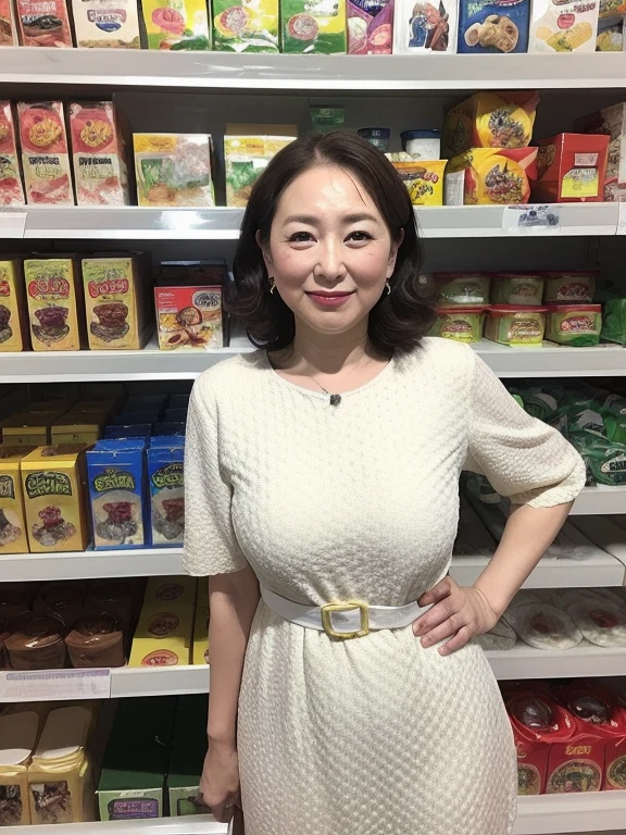 8k quality，masterpiece,best quality,cleveage,In supermarket，A woman who looks 50 years old,woman with good figure，Wearing black underwear on the lower body，Wearing black underwear on upper body，Sweater coat