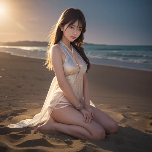 (masterpiece), (超A high resolution), (very intricate), (Exquisitely detailed), 1girl in, , (F1.4, 1/800s, ISO 100, Photorealsitic)、Realism、Dark hair、the beach、Wet body、wetting hair、 up looking_で_breasts and from above,, A smile, Pink eyeshadow makeup, Pink lips, a white bikini、20 years girl、Full body like、Slim body、a large bust、Alone、sea side、Standing posture、see -through、japanes、、back lighting、Sunset。Evening glow、kawai、Twintail、Thin gold bangle、Wrap a thin chain of gold around your waist、strong breeze、pubick hair、teats、The areol、