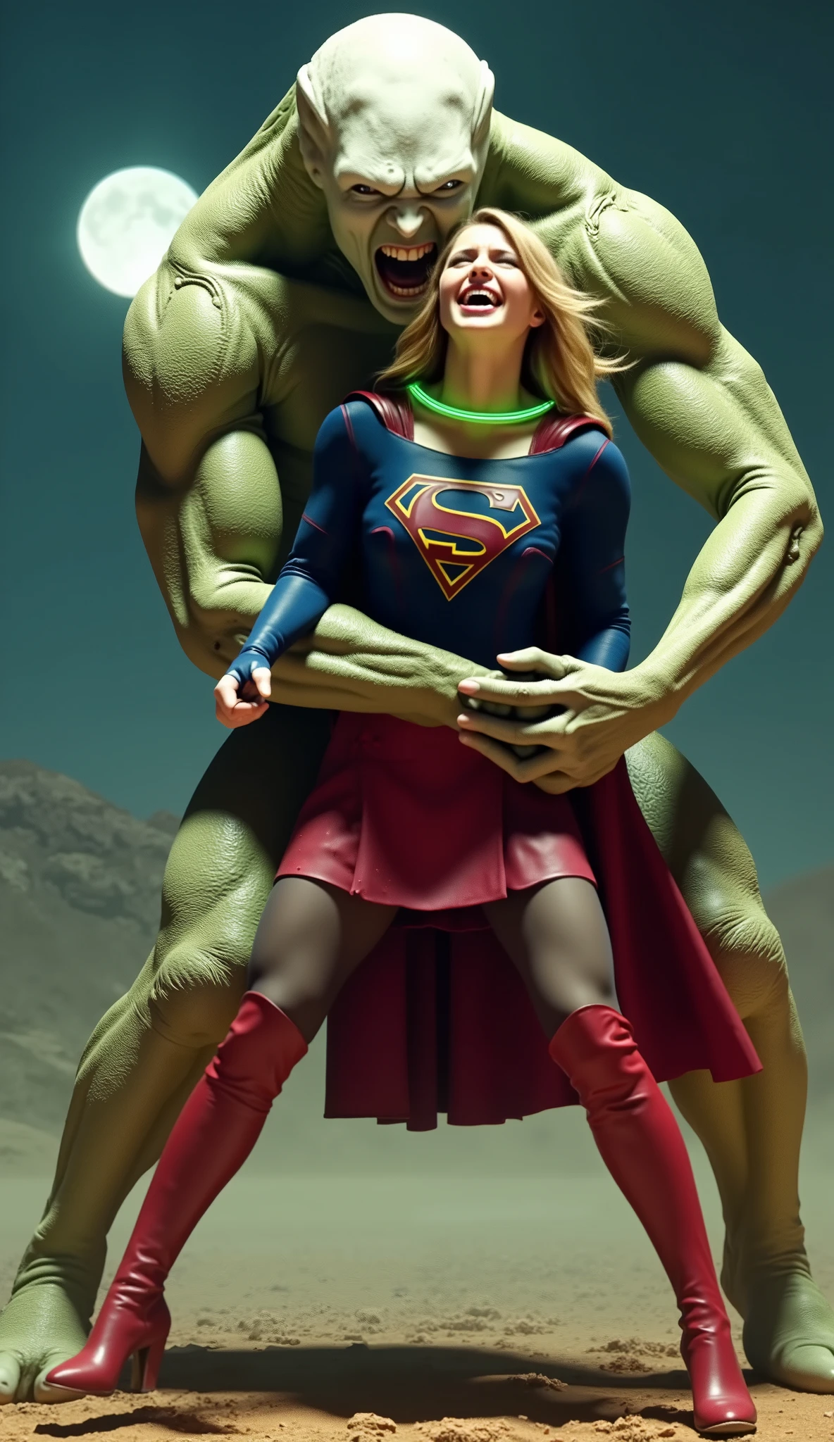 Supergirl is fighting with a big alien monster, very bright white skin, can see whole body, She is wearing a thin black pantyhose, short red leather fabric skirt, red knee height long boots, blonde hair, lighting green collar on her neck, She is screaming in pain, seriously injured, painful, a huge body fierce Alien Monster hold and carry Supergirl body, the Alien Monster seize her body tightly and bite her neck, photorealistic, hyper realistic, night time on the Mar with moon lighting,