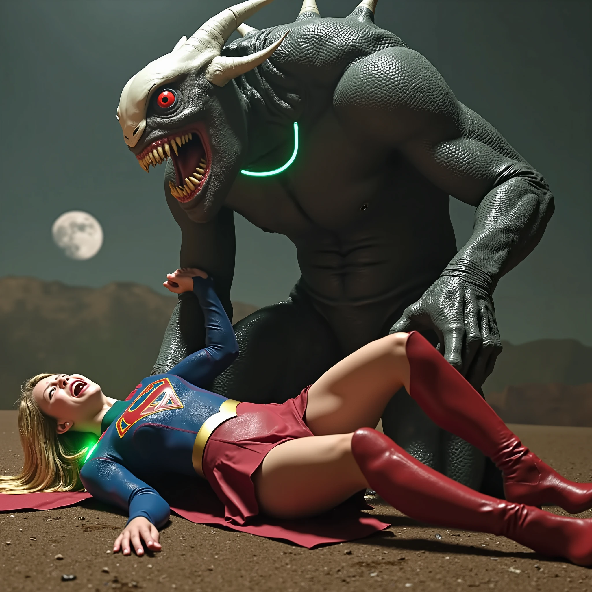 Supergirl is fighting with a big alien monster, very bright white skin, can see whole body, She is wearing a thin black pantyhose, short red leather fabric skirt, red knee height long boots, blonde hair, lighting green collar on her neck, She is screaming in pain, seriously injured, painful, a huge body fierce Alien Monster hold and carry Supergirl body, the Alien Monster seize her body tightly and bite her neck, photorealistic, hyper realistic, night time on the Mar with moon lighting,