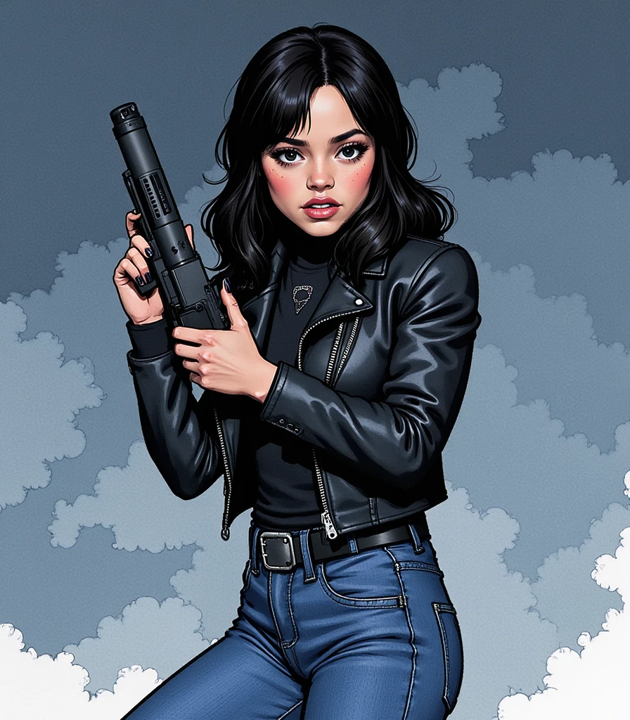 Illustration, masterpiece, portrait of Jenna Ortega, tiny and athletic, wearing a black leather jacket and a blue jeans, fighting pose, angry, ready for battle, wearing a gun, cloudy night, very dark, long black hair, black eyes, worried, high resolution, high definition, comics drawing with ink and watercolor, on white paper, American comics, many details 