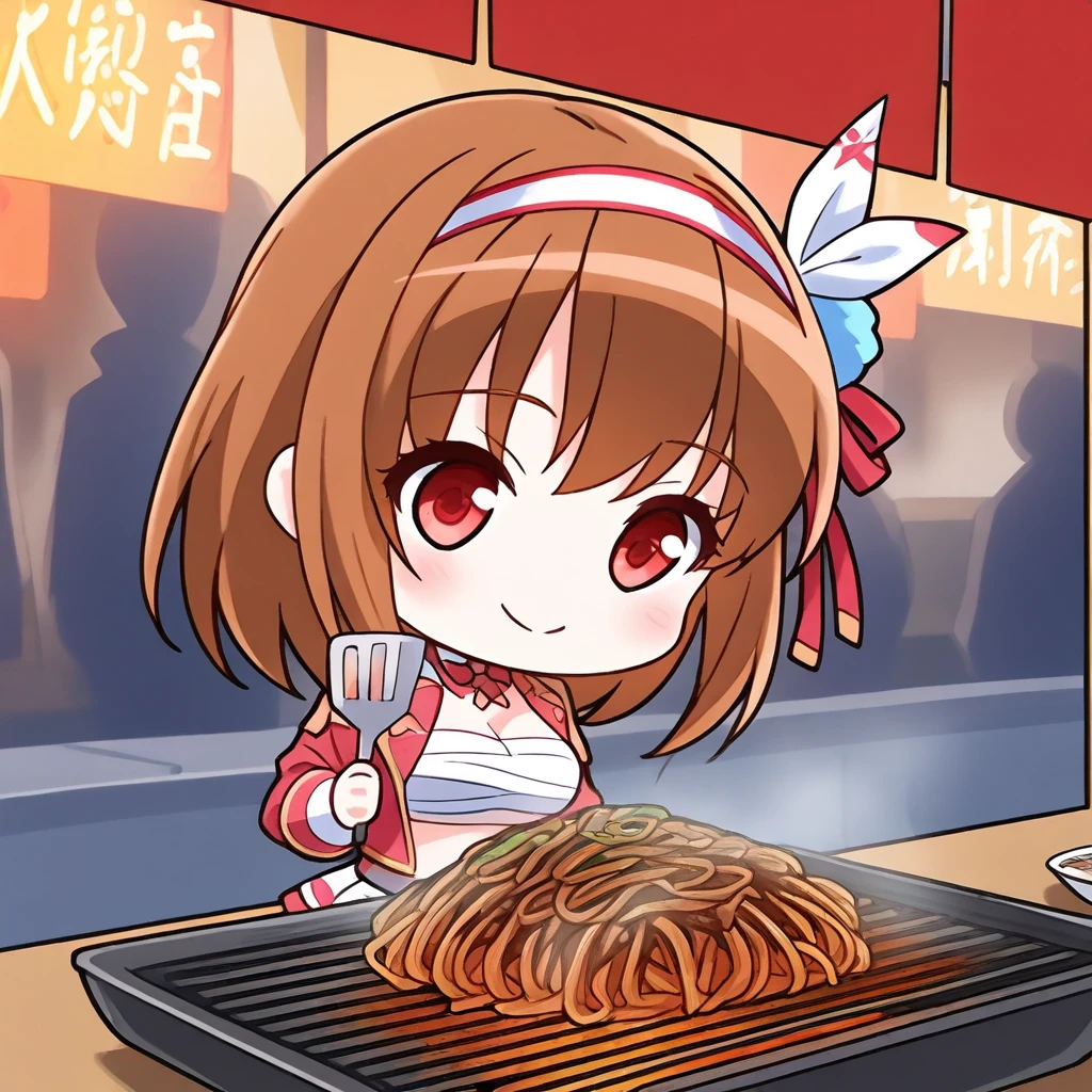 (chibi-dol), Woman grilling yakisoba on an iron plate at a food stand, Headband, , Spatula, Yakisoba sign , winter, Festivals, idol outfit, (four), smile, breast,  sarashi