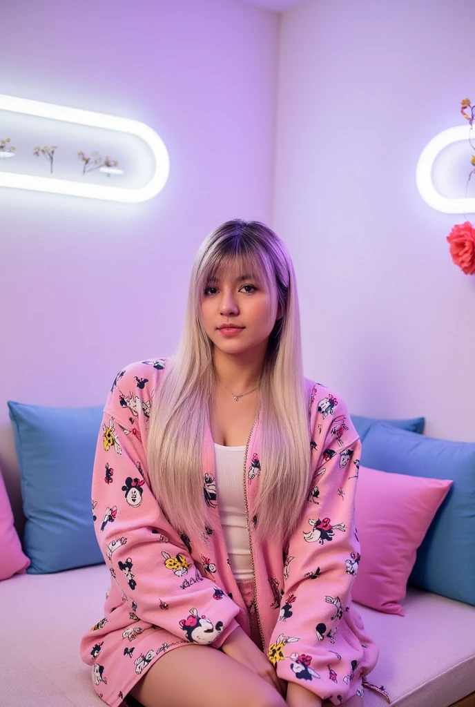 a young woman sitting on a sofa living room. She is pink dressed in a oversize dress adorned with a pattern of micky mouse. Her hair is very long straight ash blonde adding a touch of movement to her face. The woman's dress is adorned in a batic patern. the walls are decorated with white, pink, and blue neon lights. there are hanging flowers. 