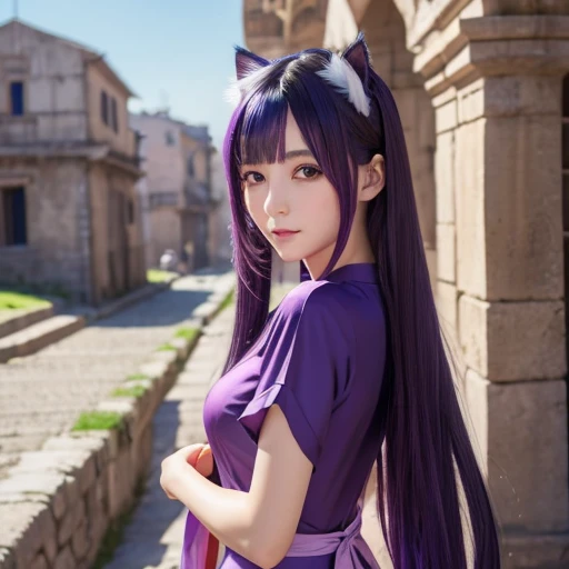  anime girl , Purple cat ears,  long hair, Beautiful clothes,  Gouves style, 4K Clarity, cgstation pop, ancient architecture,  seductive girl ,  charming, Genshin Ker,  anime style, 8k,  beautiful anime woman , Girl Front.