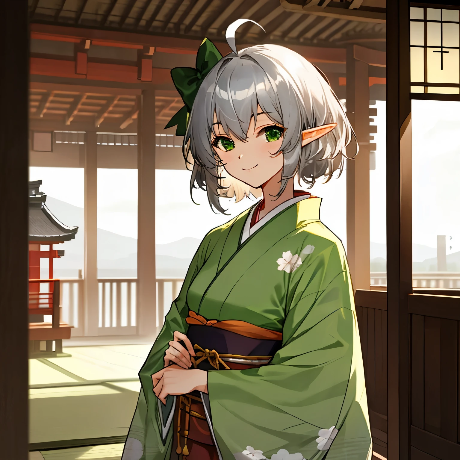 elf, female, silver hair,short hair, medium cut, ahoge, curly hair, green eyes,slender, fair skin, japanese female kimono, hair Green bow, cool mild Smile, japanese Hotel, japanese doorman, annoyance