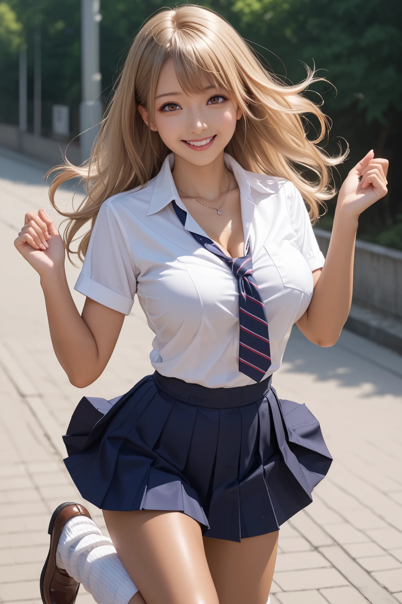 score_9, score_8_up, score_7_up, score_6_up, score_5_up, score_4_up,
1girl,Alone:1.2,(tan Skin:1.3)
beautiful Japanese girl,large breasts,Small waist,complete body,
school uniform, plain white collared-shirt, breast cleavage,short sleeves, navy pleated skirt, mini skirt, A-line, loose socks,
break,japanese girl,gravure,
good hand,blonde long hair,gal,necklace,(brown eyes),
BREAK,
smile,Jumping happily,shibuya,