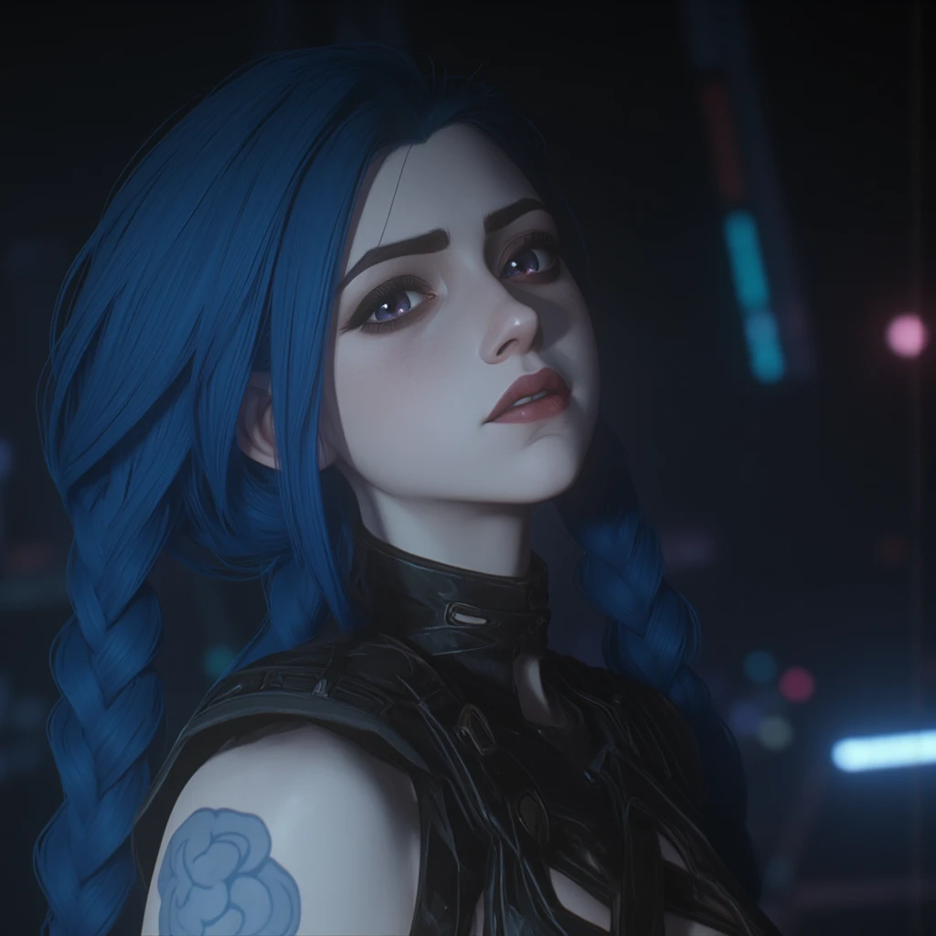 ARCJINXANE_V3,(BLUE EYES, BLUE HAIR, PALE SKIN, LONG TWIN BRAIDS,SIDE BANG, SKINNY, MUSCULAR, BLUE CLOUD TATTOO:1.4),(solo:1.4), (matte skin, skin pores), 21 years old, (realistic:1.3), finely detailed, quality, (masterpiece:1.2), (photorealistic:1.2), (best quality), (detailed skin:1.3), (intricate details), dramatic, ray tracing, photograph, Bathed in shadows, Visual novel, Hopeful, Moonlight, film grain, Kodak gold 200, Depth of field 100mm, Flickr, (spotlight, dim lighting, (fog)), digital painting of blue very super long straight and wavy hair jinx, young woman, slim legs in pantyhose, cinematic, ((looking at viewer)), in a chaos lab, (((big breasts:1.2))), sexy, erotic, V-neck dress, revealing lace panties,(((Completely naked))),charming, desire, Obscene,  Mature Woman,  Captivating body lines  , (( fine facial features , open your mouth, eroticism))