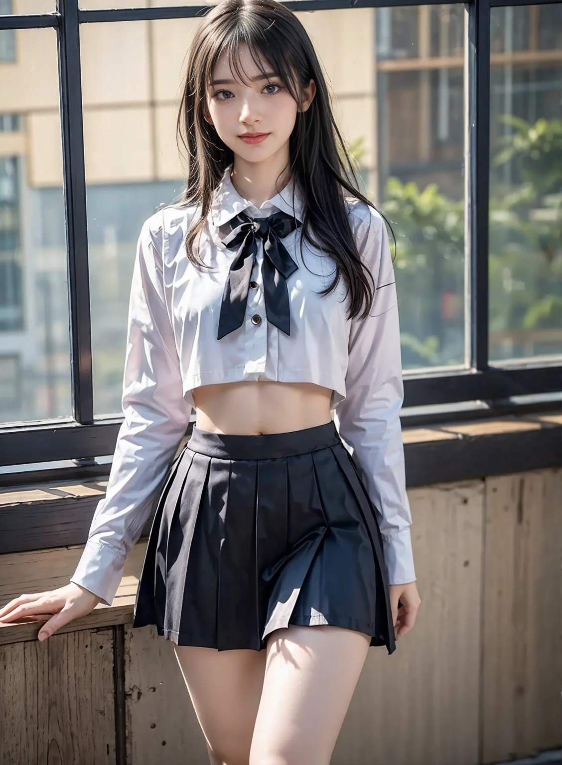 masterpiece、Flat Color、Depth of written boundary、Lens Flare 1 Girl、、Brown Hair、Staring at the audience Black suspenders bulging big breasts Armpit sweat sweating Sides of both hands wall: Black mini skirt garter belt chain arms sight Small face bangs over eyes side Colored Contact Lenses shirt holster Belt cutter shirt