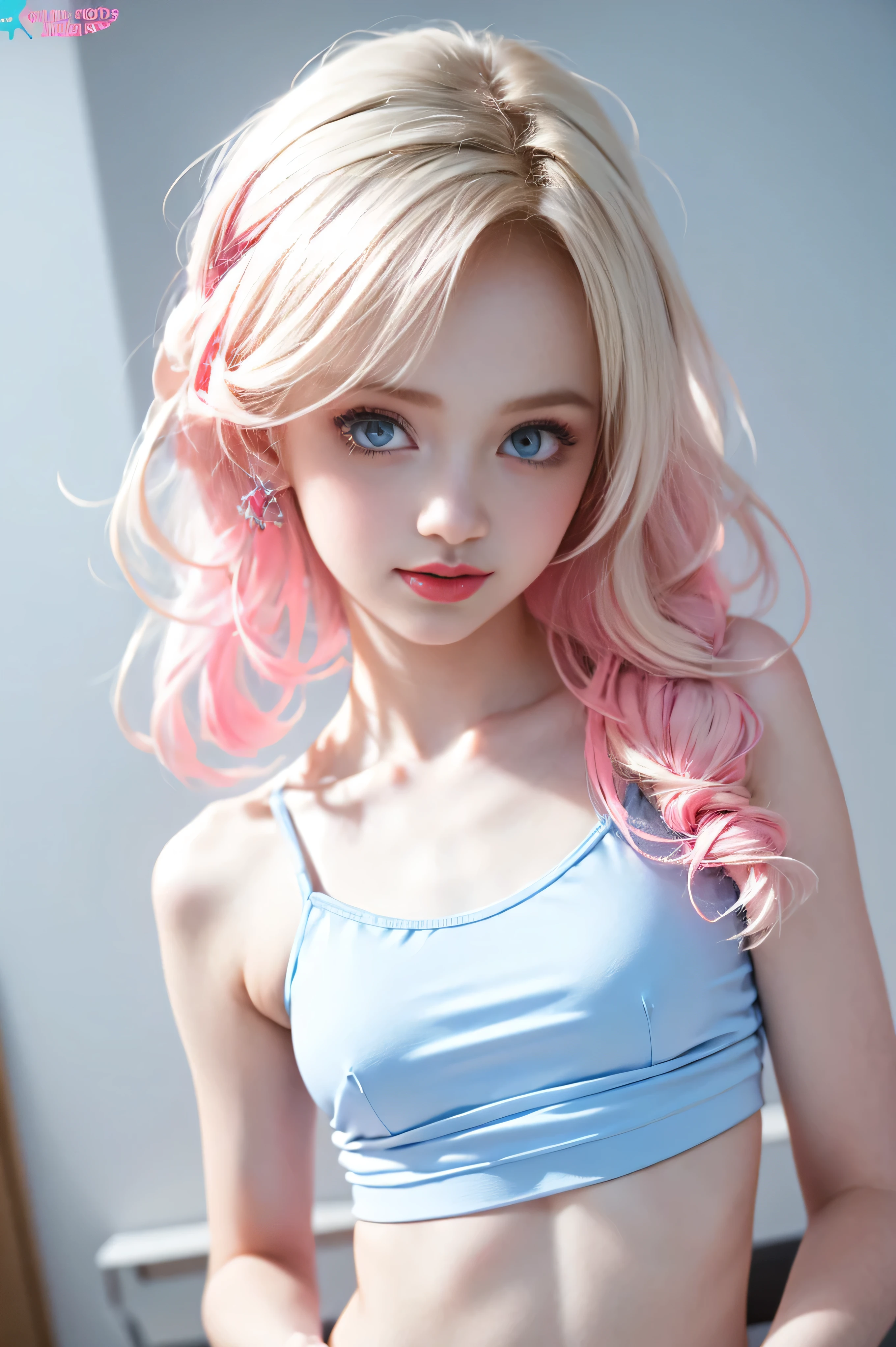 Light blue and pink color scheme,Sexy Girl ,tiny body,Petite,white curly hair, Colorful colored camisole