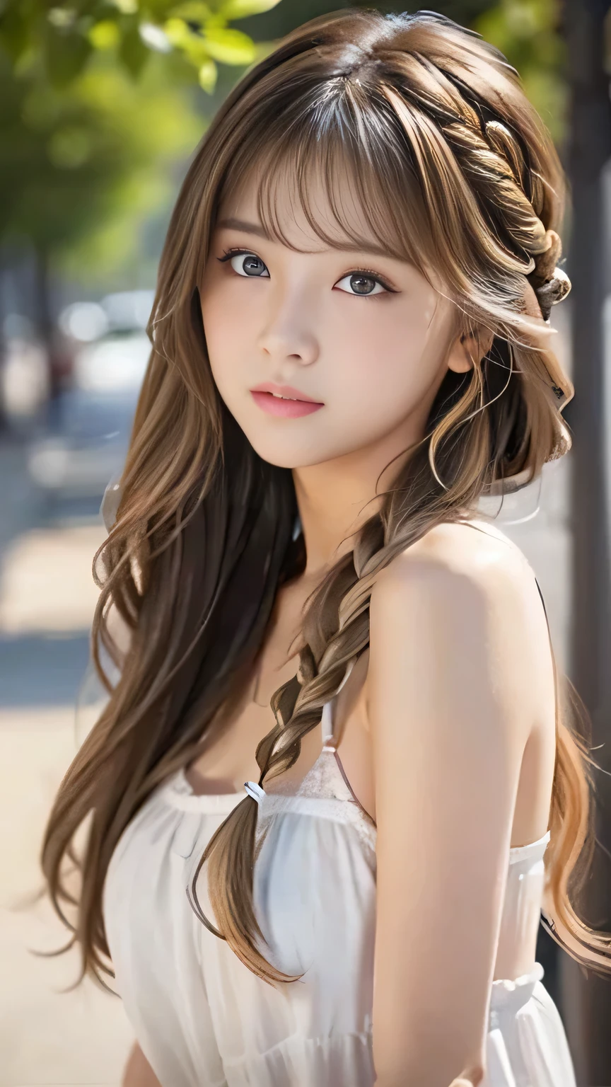 Sexy Big 、Sexy cute looks and cute beautiful girl, beautiful and sexy face、A strong wind blows my hair in front of my face、beautiful long blonde French braided hair、beautiful, Cute and sexy eyes hidden behind long bangs、Yawn、