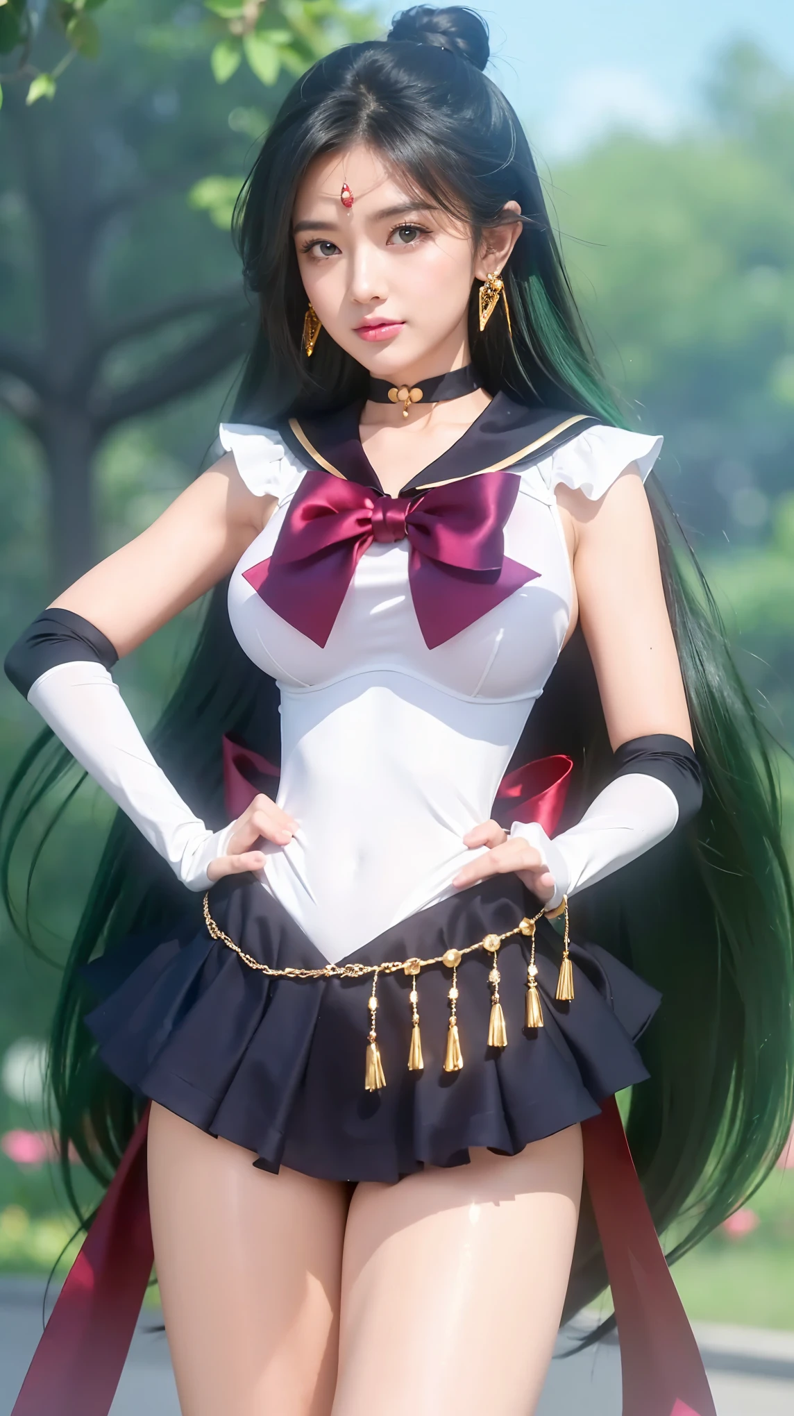 full: 1.3, Standing, Masterpiece, Realistic, Ultra-microscopic, Best Quality, Wallpaper CG Unity 8K Detail Ultra, Long hair: 1.3, dark green: 1.2, 1 small bun at the back, long bangs, (as per reference image), (all hair dark green), intricate details, (1 woman), 25 years old, (Sailor Pluto, Adult woman, Large breasts, Aqua eyes, Dark green hair, Mei Xiaofu, Sky away, mer1, Sailor senshi uniform), Sailor senshi uniform: 1.2, Sailor Pluto, (Curved chest: 1.4, Tall, Feminine: 1.4, Abdominal muscles: 1.2, Very tall, Perfect proportions, Long and sexy legs, a sexy and dynamic model pose), A small luxurious golden crown on the forehead: 1.2, Bare upper arms: 1.2, Long white latex gloves, Adorned with luxurious gold accents: 1.2, Smooth and shiny skin: 1.5, Sleek and sexy gravel dress: 1.3, Dark black brooch, Chest adorned with a large dark red ribbon: 1.2, Sexy black mini skirt in front: 1.1, Black mini skirt in front, White leotard, Dark black gloves, At the elbows), (There is a big brown ribbon at the hips: 1.3, Black necklace, cleavage, Seksi dan berani, Red spoon-shaped earrings, dark black high heels, luxurious gold accents), ((Seductive smile, very beautiful face, facial details: 1.5, natural makeup, slightly flushed cheeks, Bright red eyes, beautiful face, beautiful eyes, shiny red lips, large breasts, Thin and glossy lips: 1.3, thin and sharp eyebrows, long and dark eyelashes, double eyelashes)), Perfect hands: 1.5, a very dramatic image, Octane rendering, Intense natural light, sunlight, beautiful lighting and shadows, dynamic angles, detailed background,) Digital DSLR harp, Focus: 1.0, Maximum clarity and sharpness,