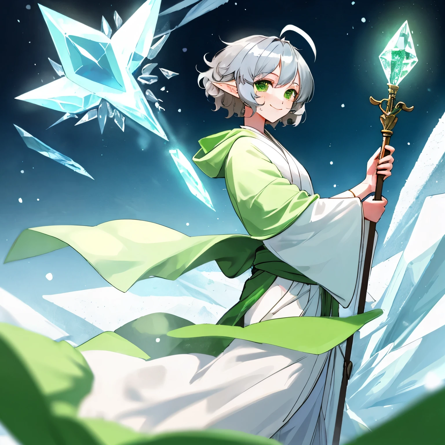 elf, female, silver hair,short hair, medium cut, ahoge, curly hair, green eyes,slender, green cloak, White wizard robe, fair skin, cool mild Smile, annoyance, with left hands ice Jewel wand