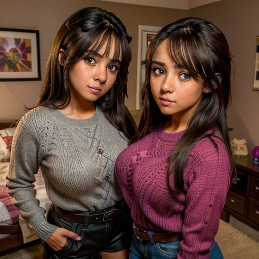 two super busty cute skinny Mexican nerdy emo  sisters, short brown hair, beautiful detailed brown eyes, cutely detailed lips, cute highly detailed eyes and face, round shape face, voluptuous breasts, long sleeve sweater tucked in belted pants, full body photo, masterpiece, photorealistic, 8k, vivid colors, studio lighting, professional, standing in her room at night, 2girl, 