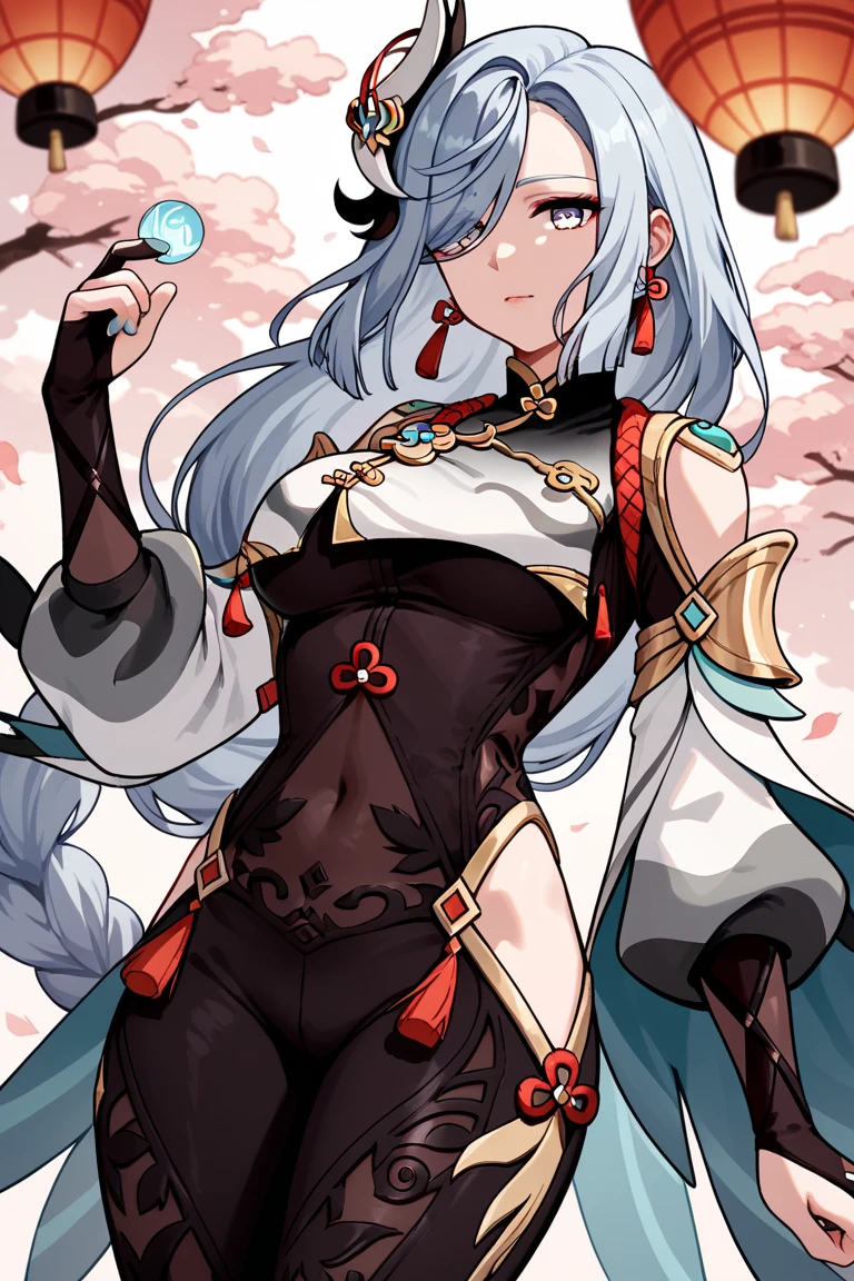 score_9, score_8_up, score_7_up, source_anime,
shenhe, <lora:genshin-shenhe-ponyxl-lora-nochekaiser:1>,
shenhe, blue eyes, braided ponytail, earrings, eyelashes, eyeliner, eyes visible through hair, eyeshadow, hair between eyes, makeup, red eyeshadow, sidelocks, single earring, symbol-shaped pupils, tassel, tassel earrings, white hair, long hair,
arm support, bare shoulders, black bodysuit, black gloves, bodysuit, breast curtain, chinese knot, clothing cutout, covered navel, detached sleeves,gloves, gold trim, hip vent, jewelry, long sleeves, partially fingerless gloves, puffy detached sleeves, puffy long sleeves, puffy sleeves, shoulder cutout, side cutout,  stomach cutout, thigh cutout, white sleeves,
outdoors, shrine, forest, nature,
looking at viewer, cowboy shot, dutch angle, dynamic pose, peace sign,