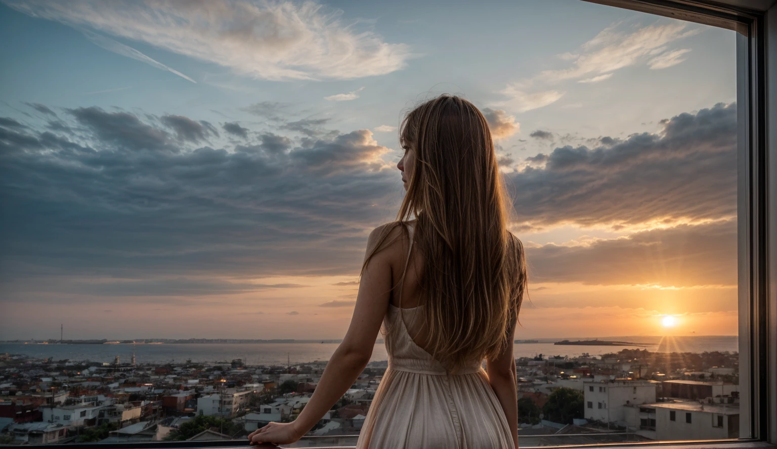 1girl , wearing a nightgown, standing on a balcony, sunset sky, long flowing hair, penthouse balcony, (majestic beauty atmosphere), (shimmer),