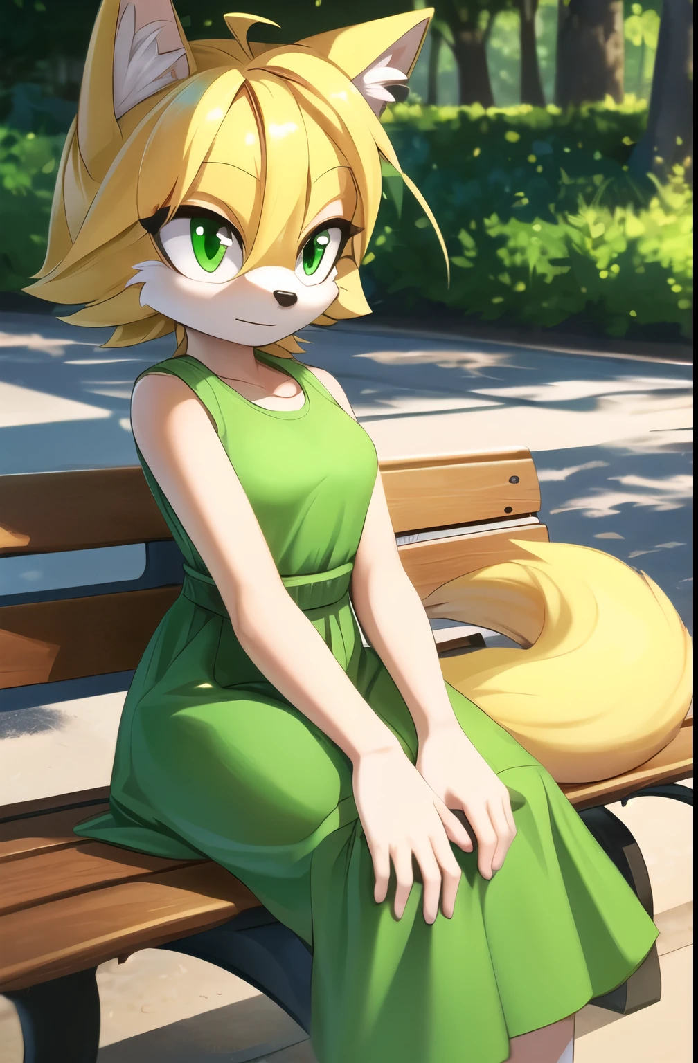 ((masterpiece,best quality)), absurdres, Fox, short hair, ahoge, yellow fur, green eyes, cowboy shot, (Mobian), (fox), Mobian fox, (fox tail), furry, sonic oc, Sonic the hedgehog series style, solo, 1girl, green dress, park, bench
