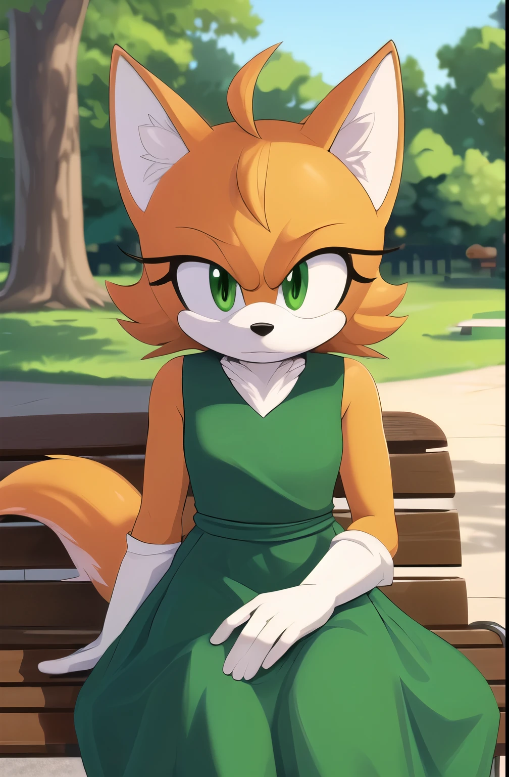 ((masterpiece,best quality)), absurdres, Fox, short hair, ahoge, yellow fur, green eyes, cowboy shot, (Mobian), (fox), Mobian fox, (fox tail), furry, sonic oc, Sonic the hedgehog series style, solo, 1girl, green dress, park, bench