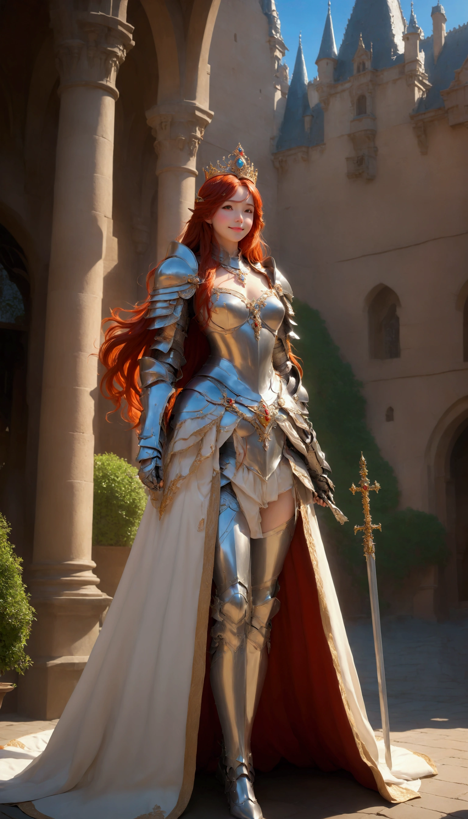 Once upon a time, live the beautiful princess, with golden armor and cloak, long red hairs, crown on the head, waiting someone for a love, she have beautiful smile, courtyards, full body, (Masterpiece), (best quality), (high quality), (extremely detailed) CG unity, 8k wallpaper, (cinematic angle)