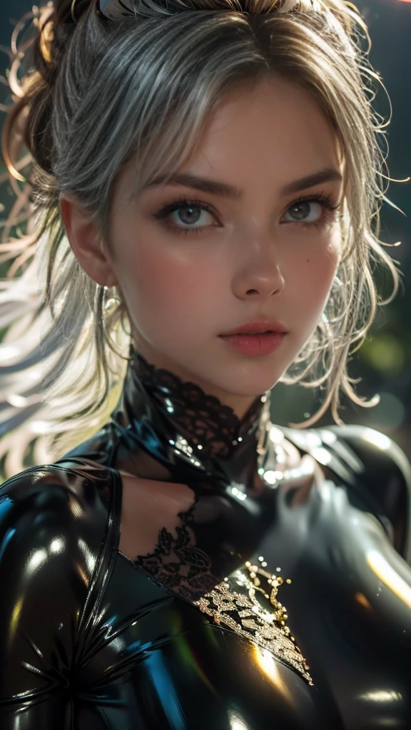 ((Anne Heche steht in ihrem Atelier)), ((schlanke junge Frau)), (kleiner Kopf), ((natural skin texture)), ((Bodypaint)), ((small round breasts)), ((Freckles on the face and upper body)), (fotorealistisch), (Raytracing), (scharfer Fokus), ((es ist dunkel)), ((SmokeyEye)), ((Eyeliner))