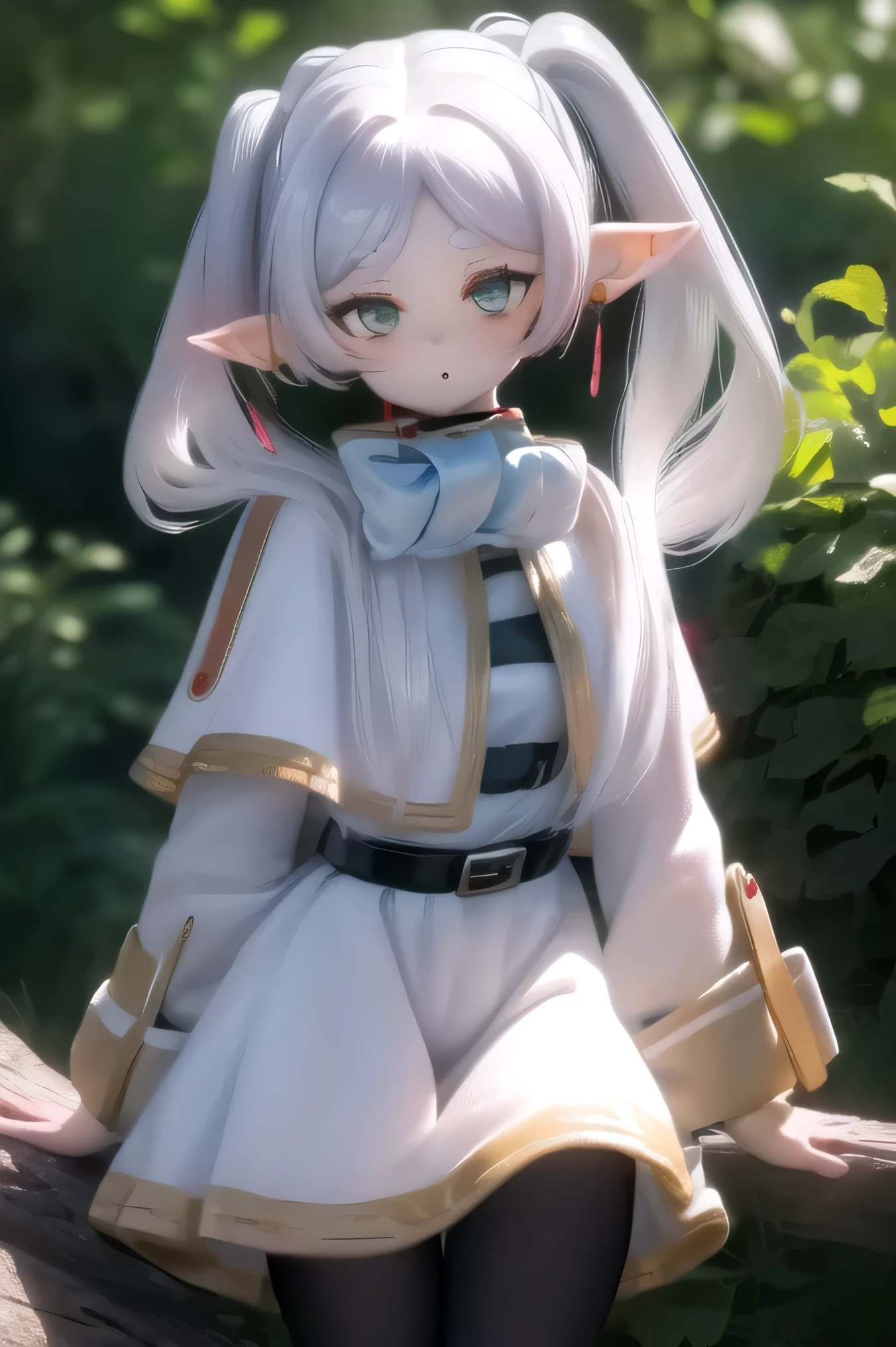 ( top quality,Strange Results :1.3),(Warm lighting:1.2), 1 girl, intricate details ,Natural Face,forest, There is a river in the background , spring, hands are between legs , small breasts, thank you, long hair, gray hair, twin tails , star , Earrings for women who live alone with both legs in between , thick eyebrows , White capelet , striped shirt , Long Sleeve , belt, white skirt , black pantyhose (((((bow)))))