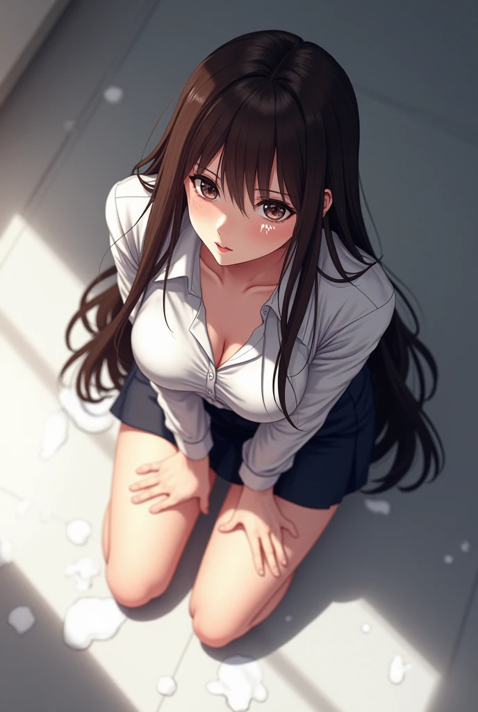 nsfw,hair dark brown 1;4,closed eyes,closed mouth,angry ,{{high quality bra}},I'm scared,Abandoned school building at night,Sitting on the ground,{{beautiful large and medium size breasts 1:4}}, {{schoolgirl}}, black pleated skirt, top quality, From Below, cute girl, High quality background, slanted eyes, detailed shirt chest wrinkles, {{{high school girl}}}, BREAK, {{beautiful blue eye1:4}}, BREAK, five fingers